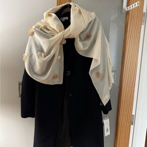 nOir 100% Silk  Cream and Tan Scarf with Floral Appliqués Approx 23”x 72”